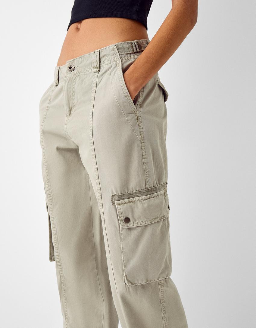 سروال كارغو من القطن قابل للتعديل بساق مستقيمة-كاكي-3