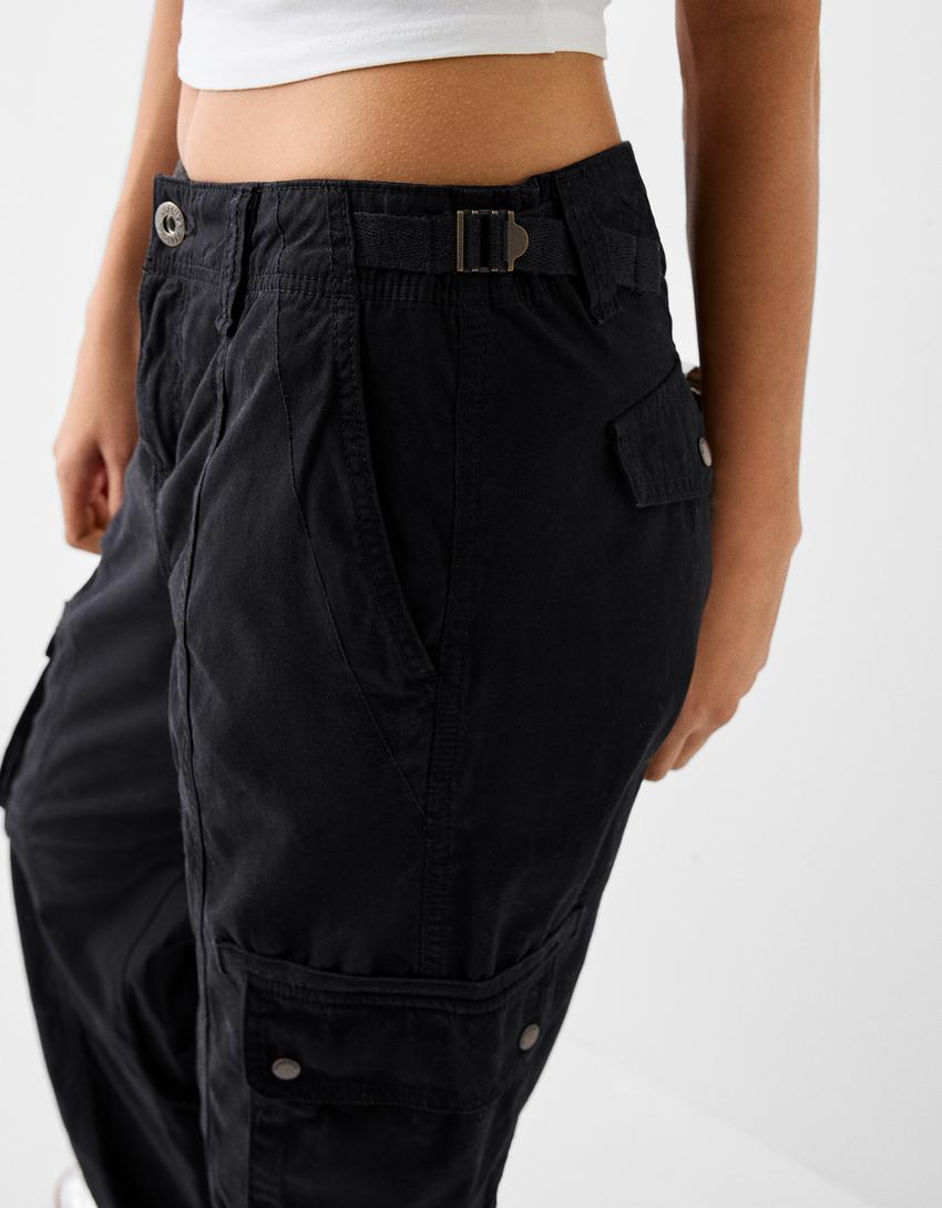 سروال كارغو من القطن قابل للتعديل بساق مستقيمة-أسود-3