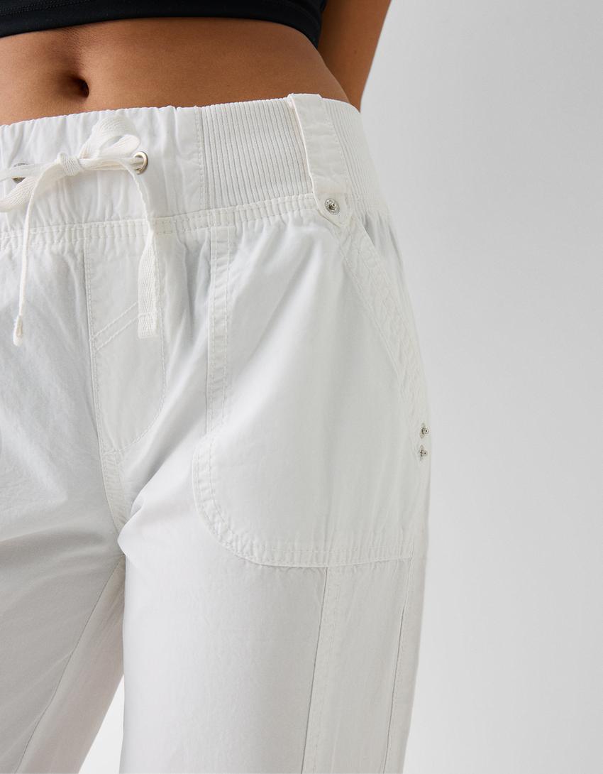 Beli fitilli straight fit pamuklu pantolon-Beyaz-5