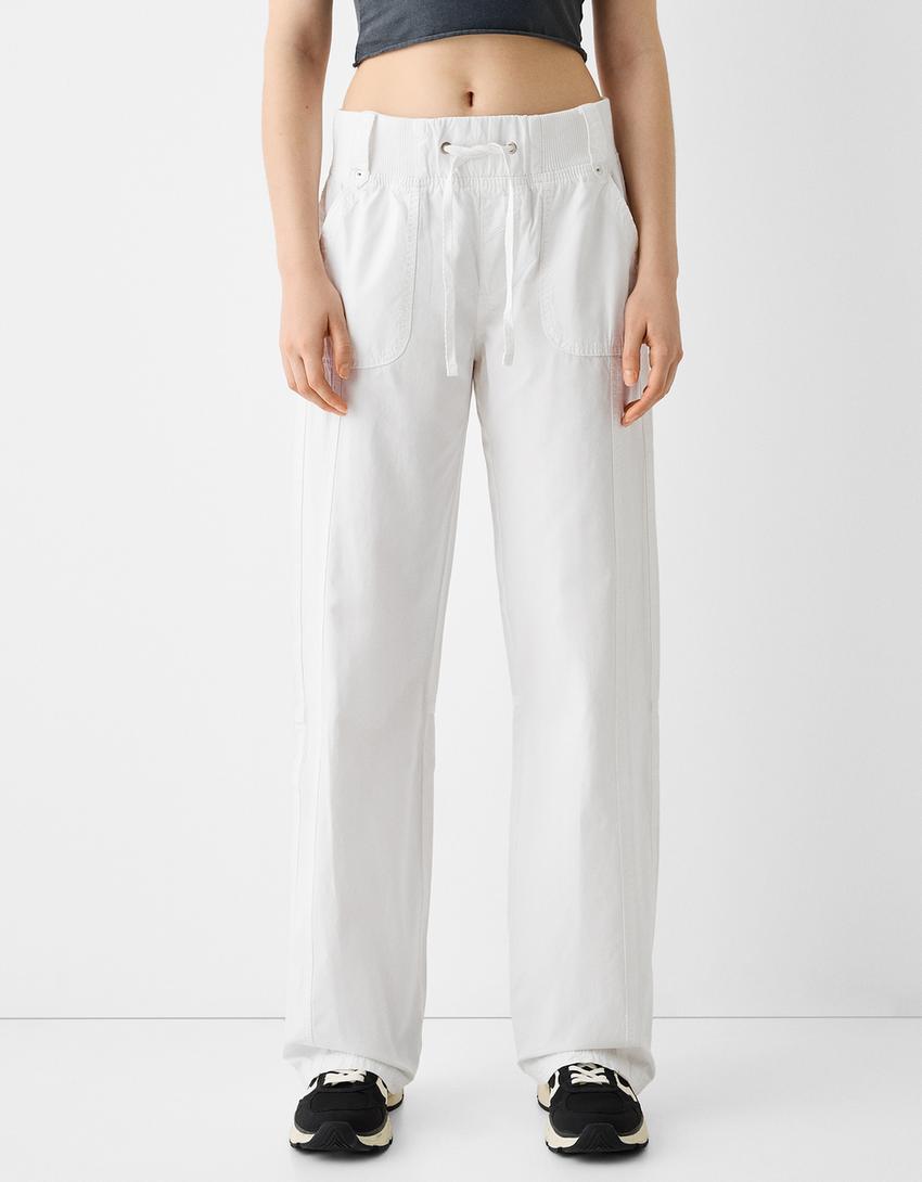 Straight fit cotton pants with ribbed waist-White-1
