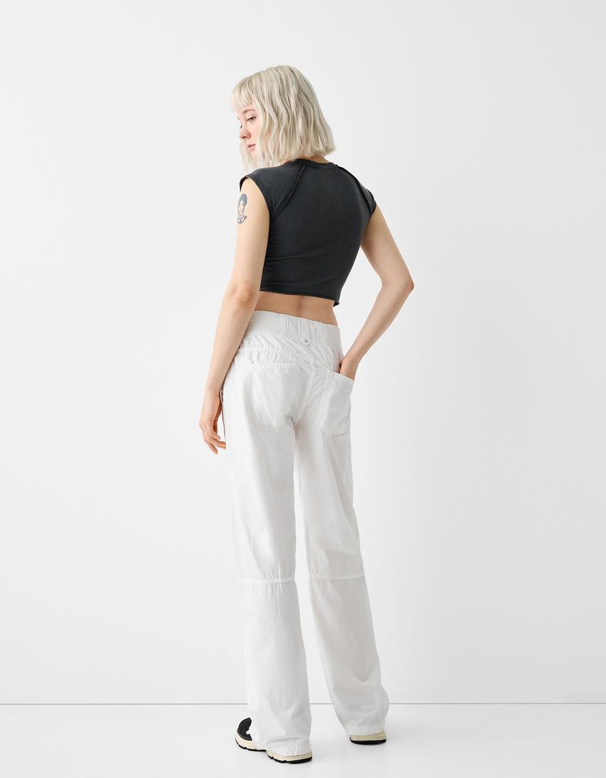 Straight fit cotton pants with ribbed waist-White-2