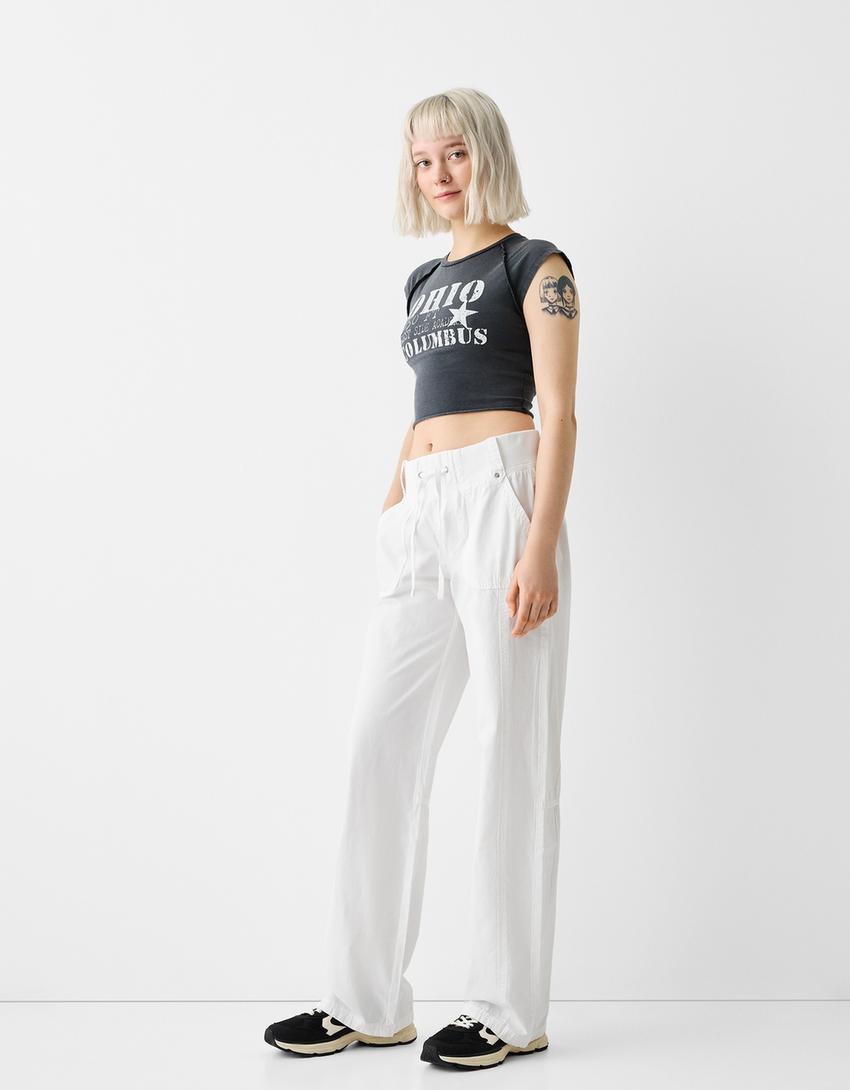 Straight fit cotton pants with ribbed waist-White-0