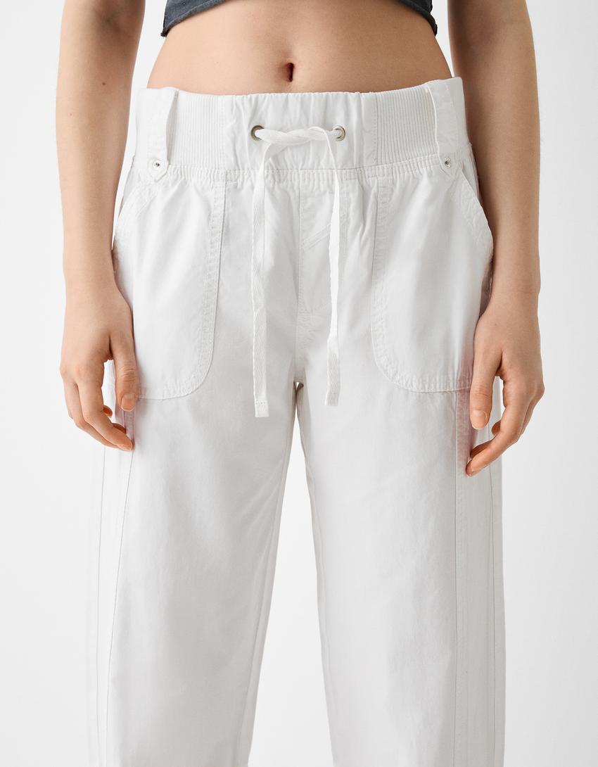 Straight fit cotton pants with ribbed waist-White-3