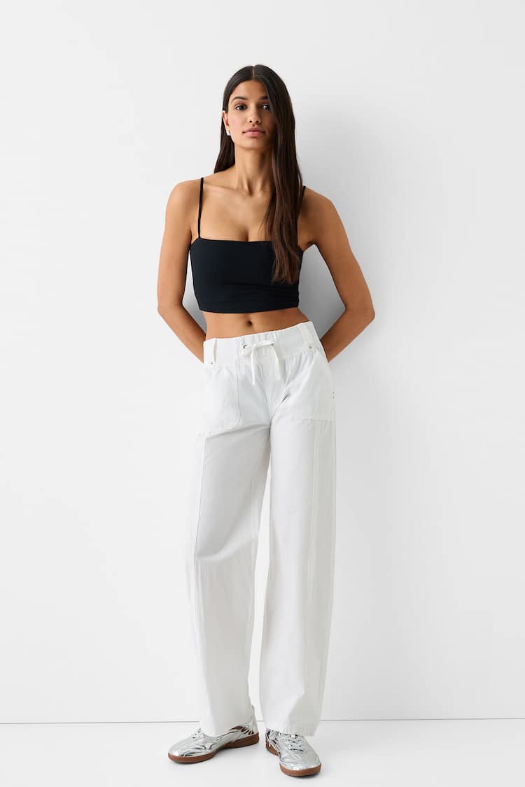 Straight fit cotton trousers with ribbed waist