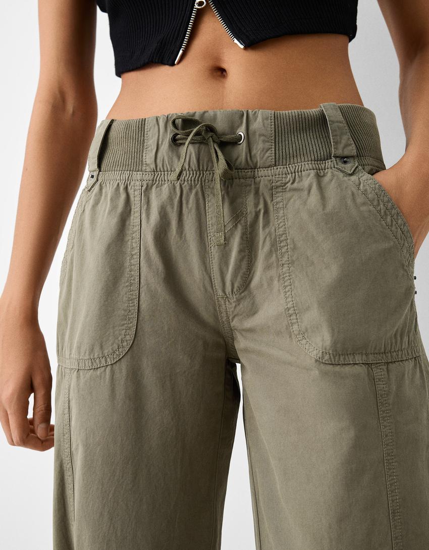 Beli fitilli straight fit pamuklu pantolon-Haki-3