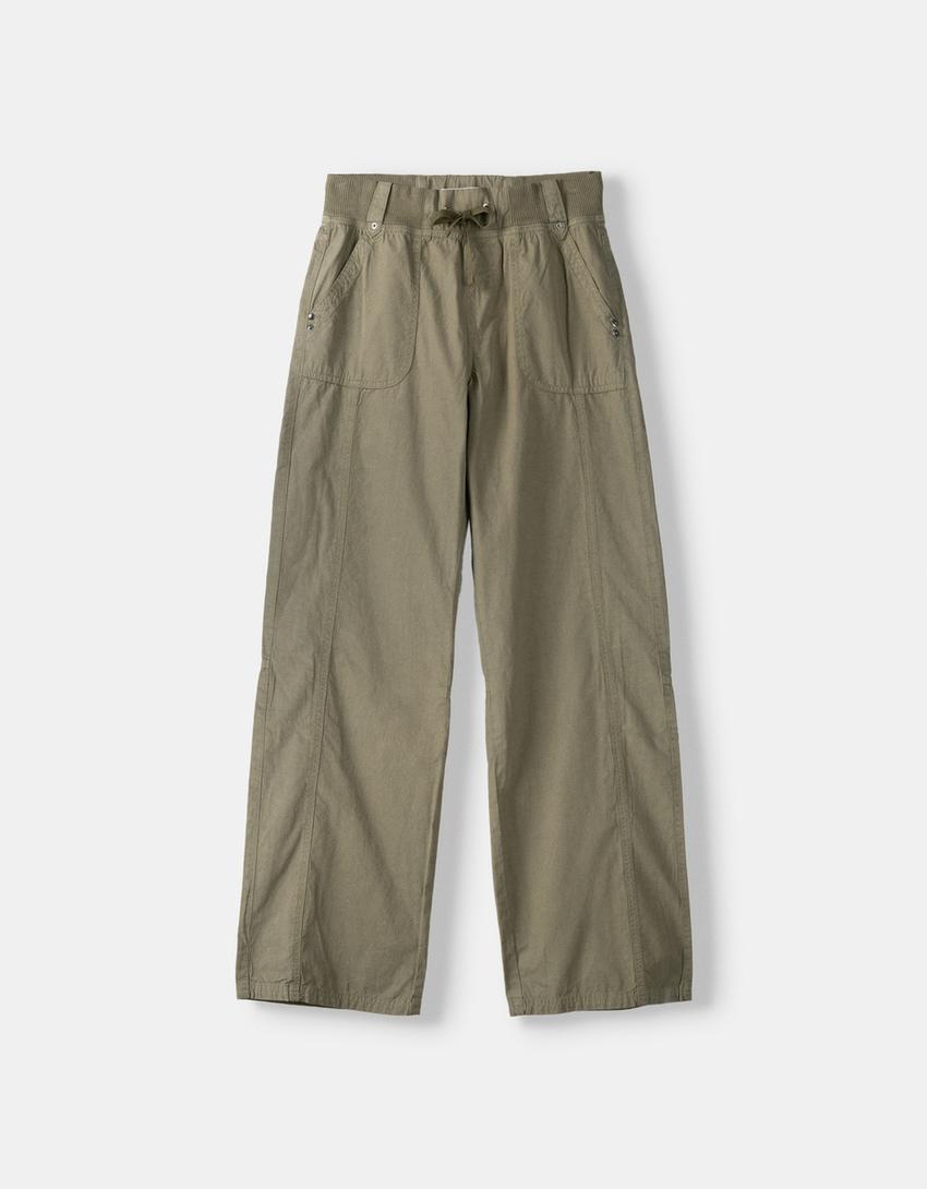 Beli fitilli straight fit pamuklu pantolon-Haki-5