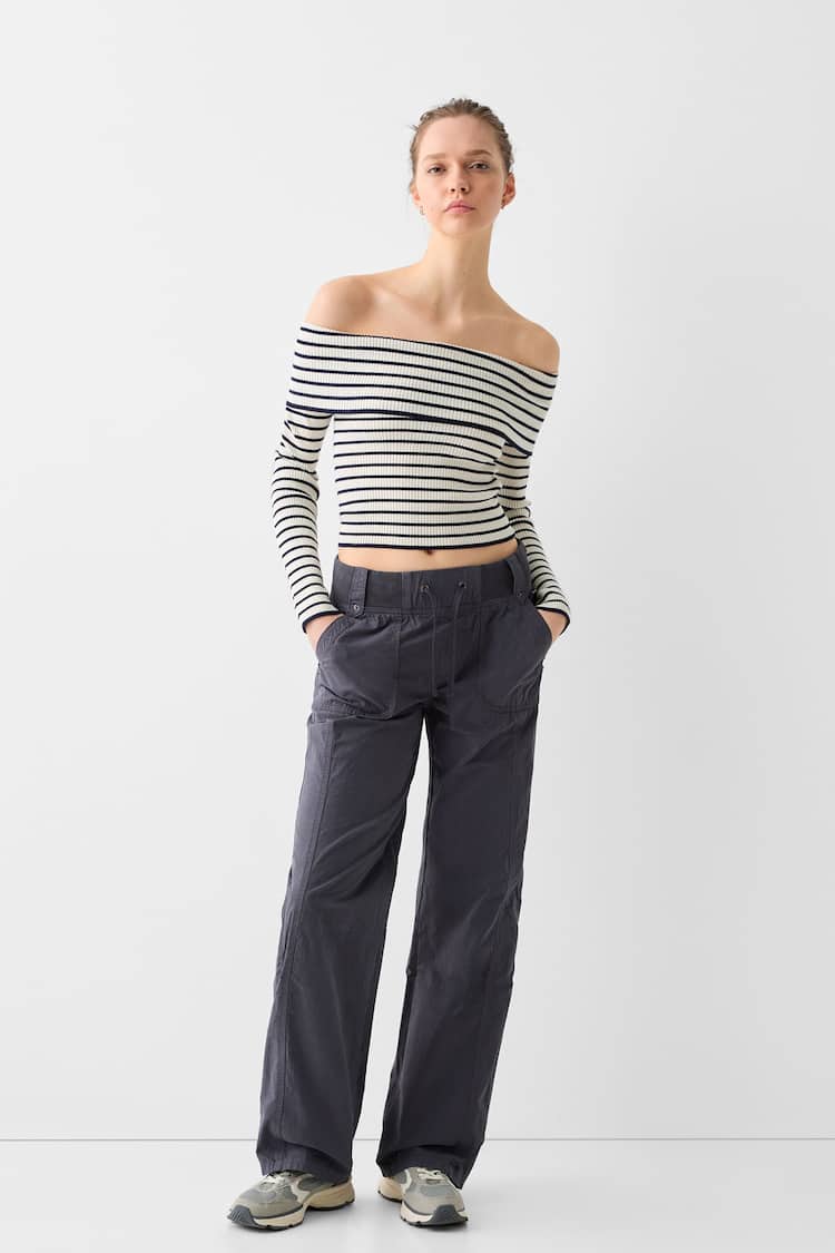 Straight fit cotton trousers with ribbed waist