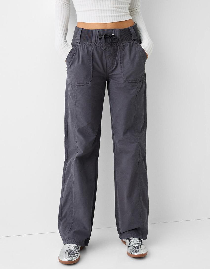 Pantaloni straight fit in cotone con vita canneté-Grigio scuro-1