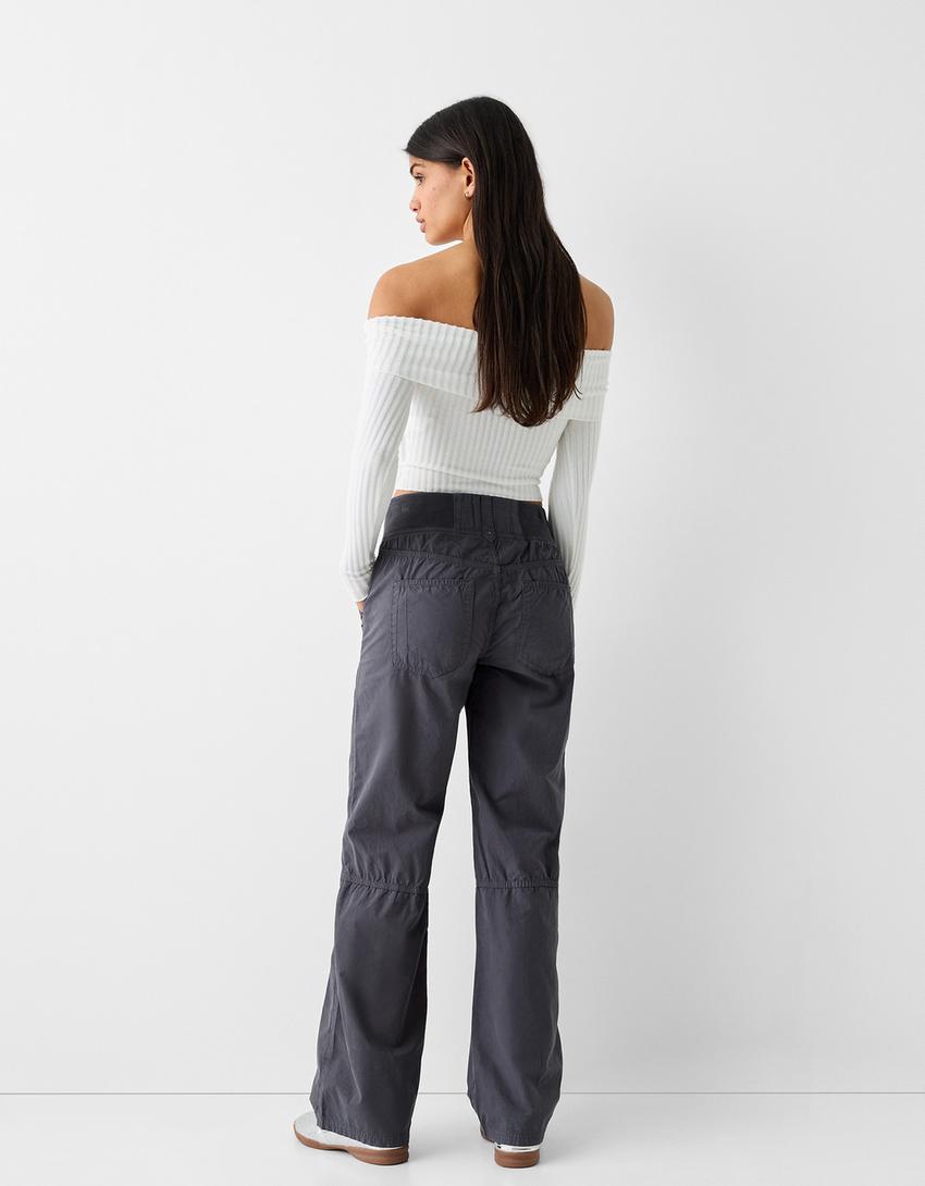 Pantaloni straight fit in cotone con vita canneté-Grigio scuro-2