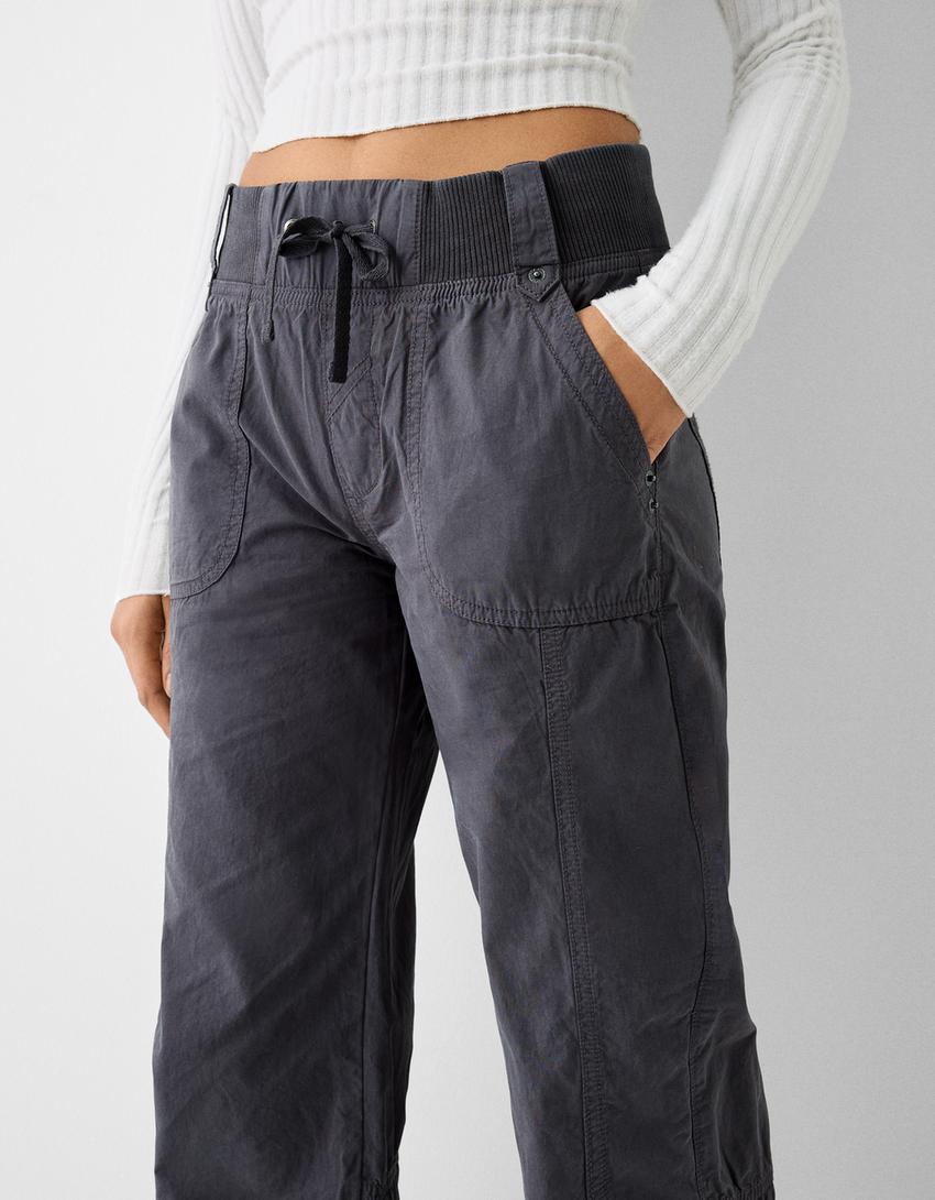Pantaloni straight fit in cotone con vita canneté-Grigio scuro-3