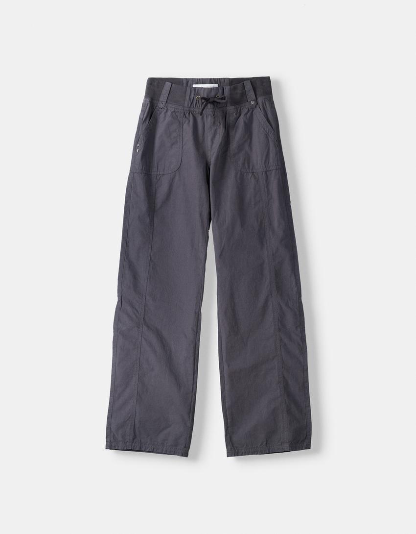 Pantaloni straight fit in cotone con vita canneté-Grigio scuro-5