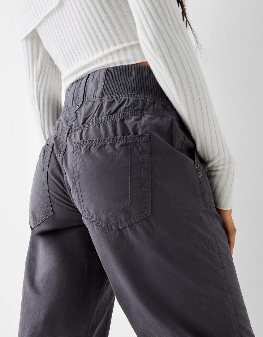 Pantaloni straight fit in cotone con vita canneté-Grigio scuro-6