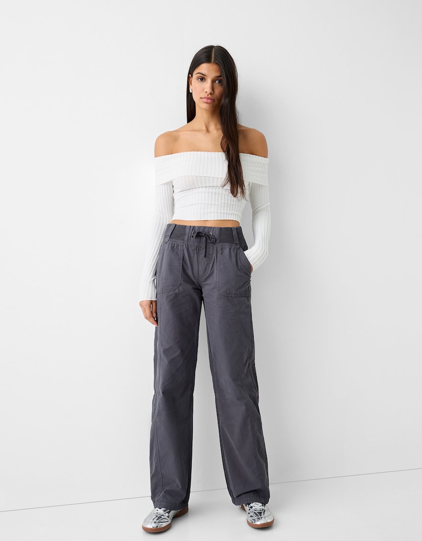 Straight fit cotton trousers with ribbed waist - BSK Teen | Bershka