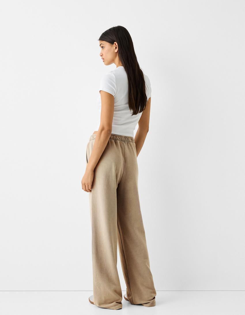 بنطال ناعم واسع الساقين بتأثير باهت-كاكي-2