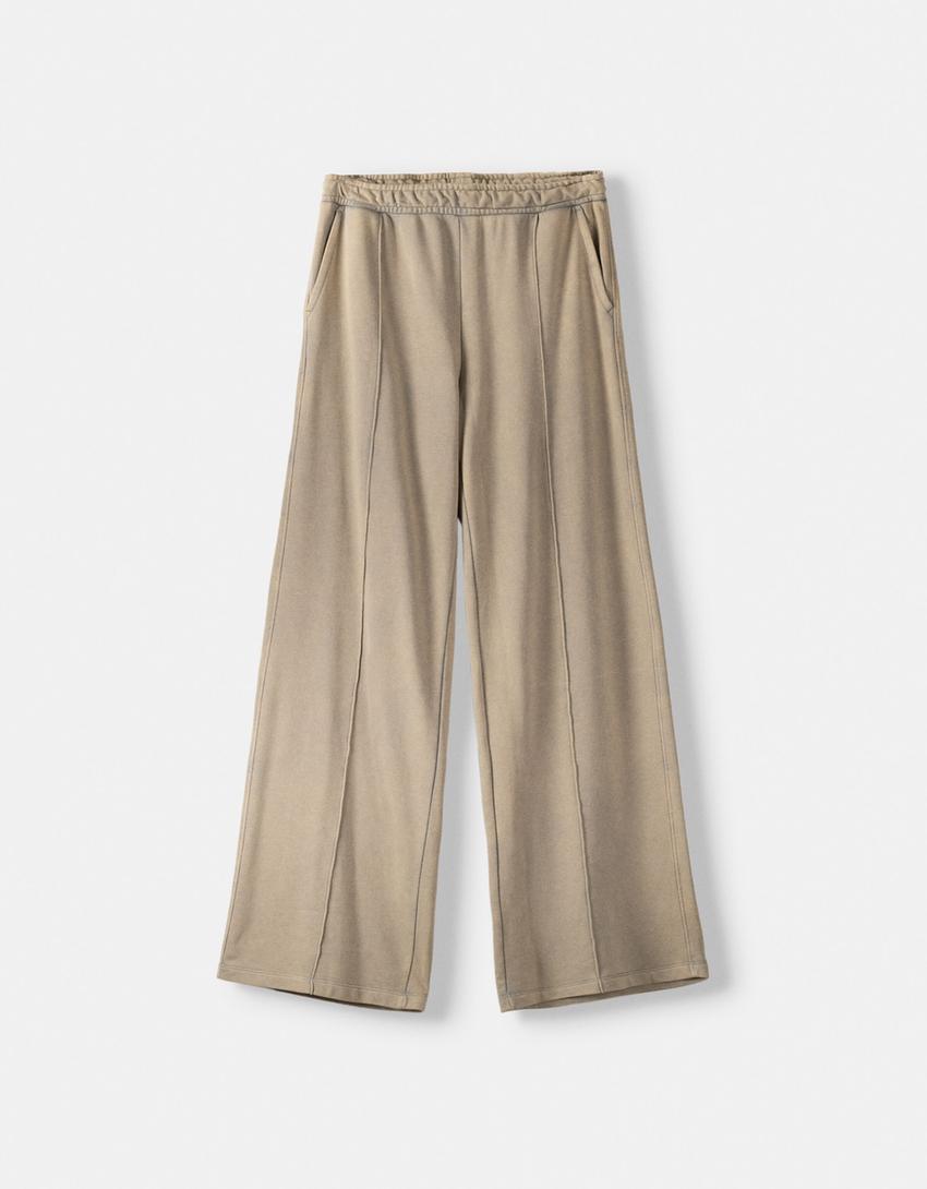 Wide-leg acid faded-effect plush trousers-Khaki-4