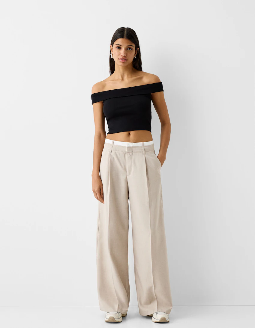 Wide-leg tailored fit pants with contrast waist detail - Pants