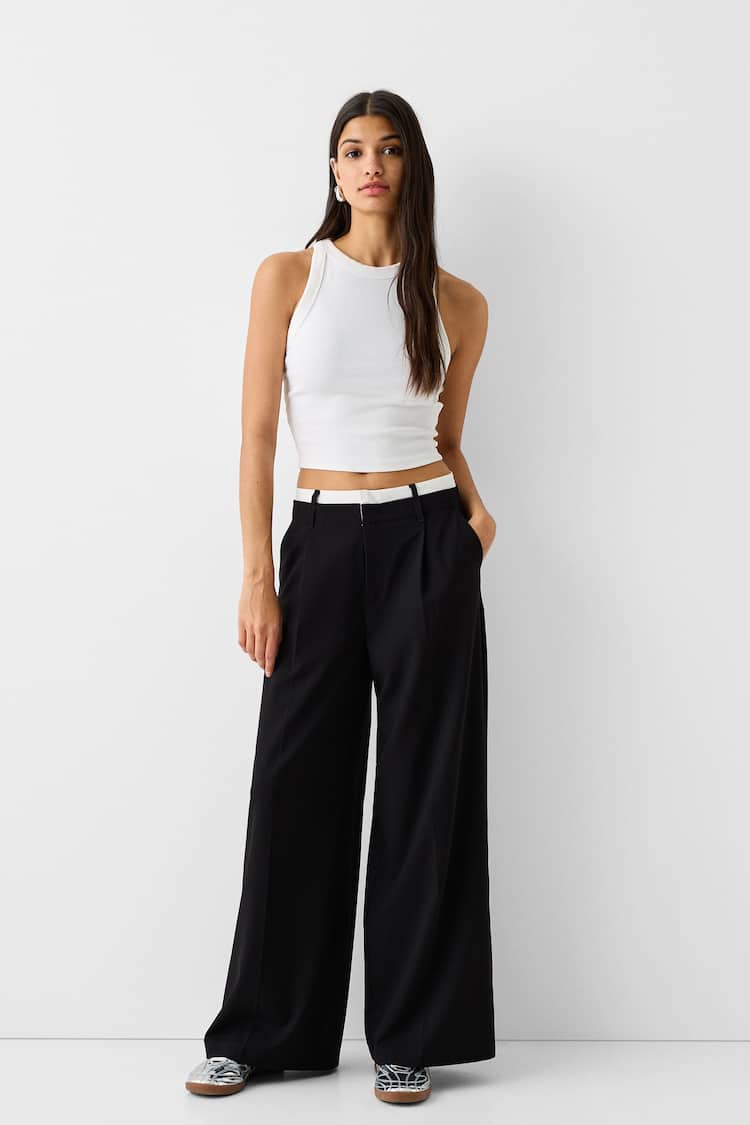 Wide-leg tailored fit trousers with contrast waist detail