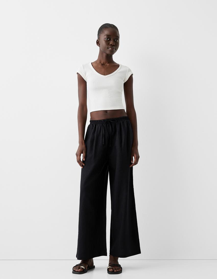 Jupe-culotte lin taille élastique-Noir-0