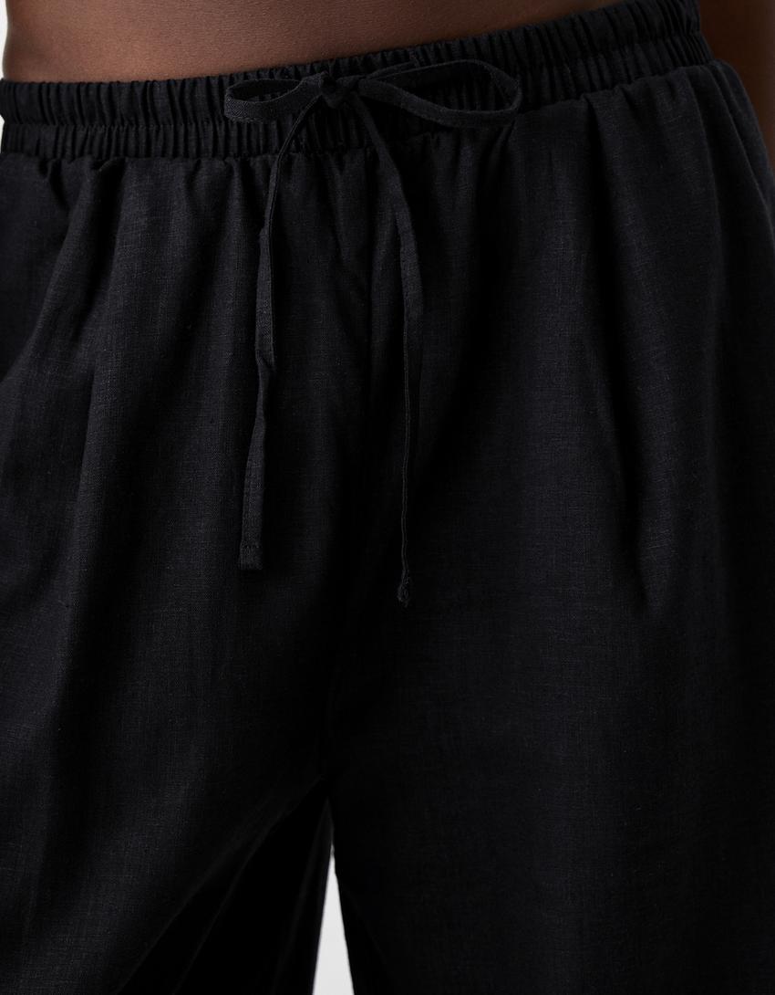 Jupe-culotte lin taille élastique-Noir-5