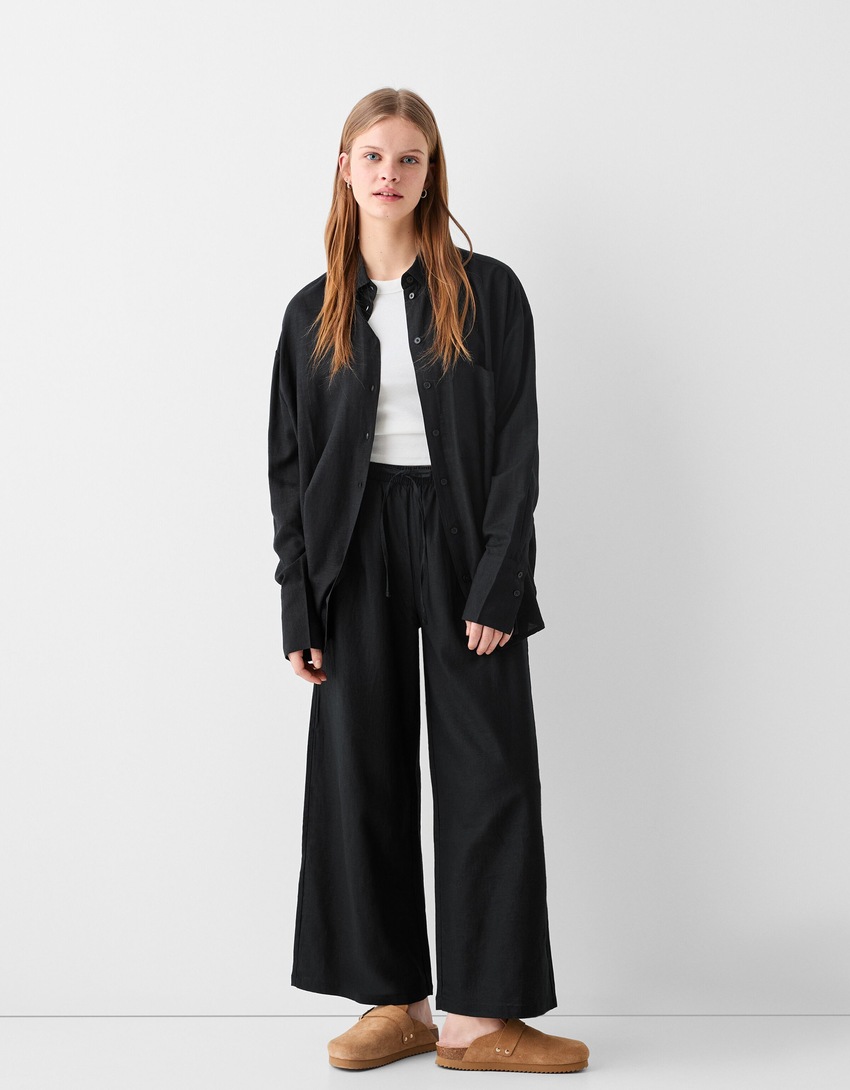 Jupe-culotte lin taille élastique-Noir-0