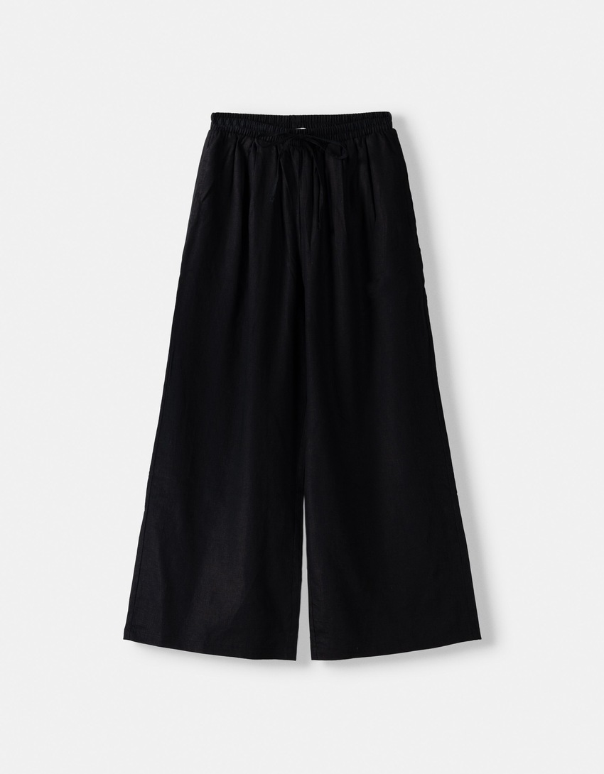 Jupe-culotte lin taille élastique-Noir-4