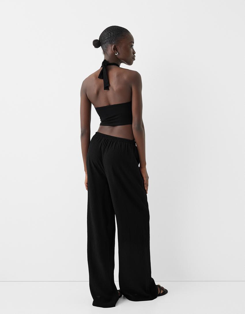 Elastik belli krepe pantolon-Siyah-2