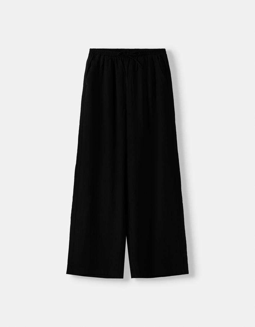 Elastik belli krepe pantolon-Siyah-5