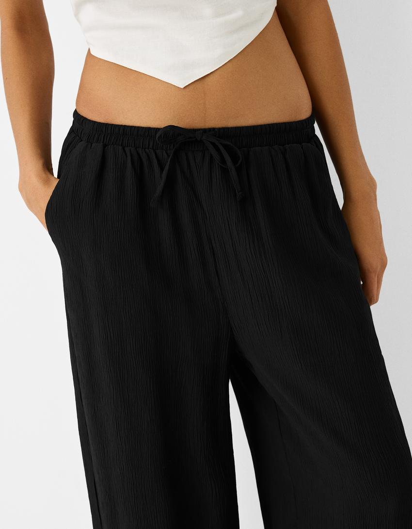 Elastik belli krepe pantolon-Siyah-6