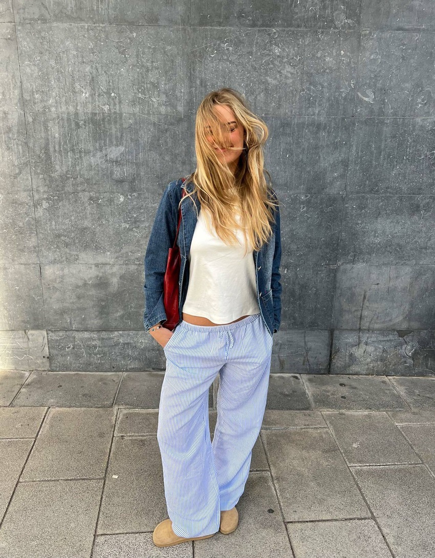 Straight-leg striped trousers with elasticated waist-Light blue-3