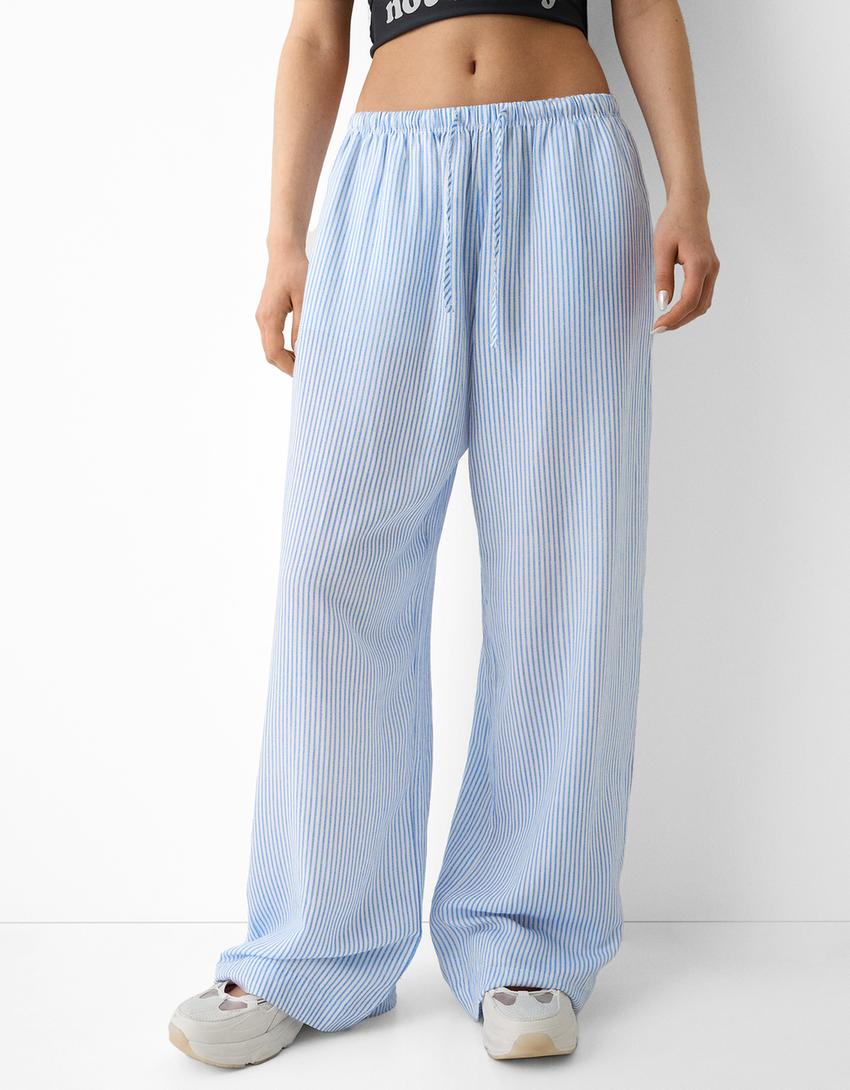 Elastik belli straight fit çizgili pantolon-Açık mavi-1