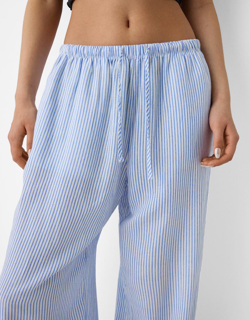 Elastik belli straight fit çizgili pantolon-Açık mavi-3