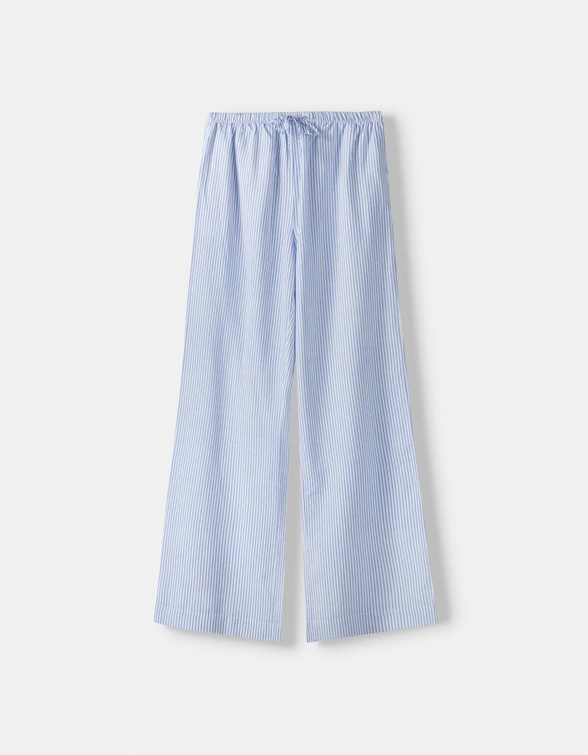 Elastik belli straight fit çizgili pantolon-Açık mavi-4