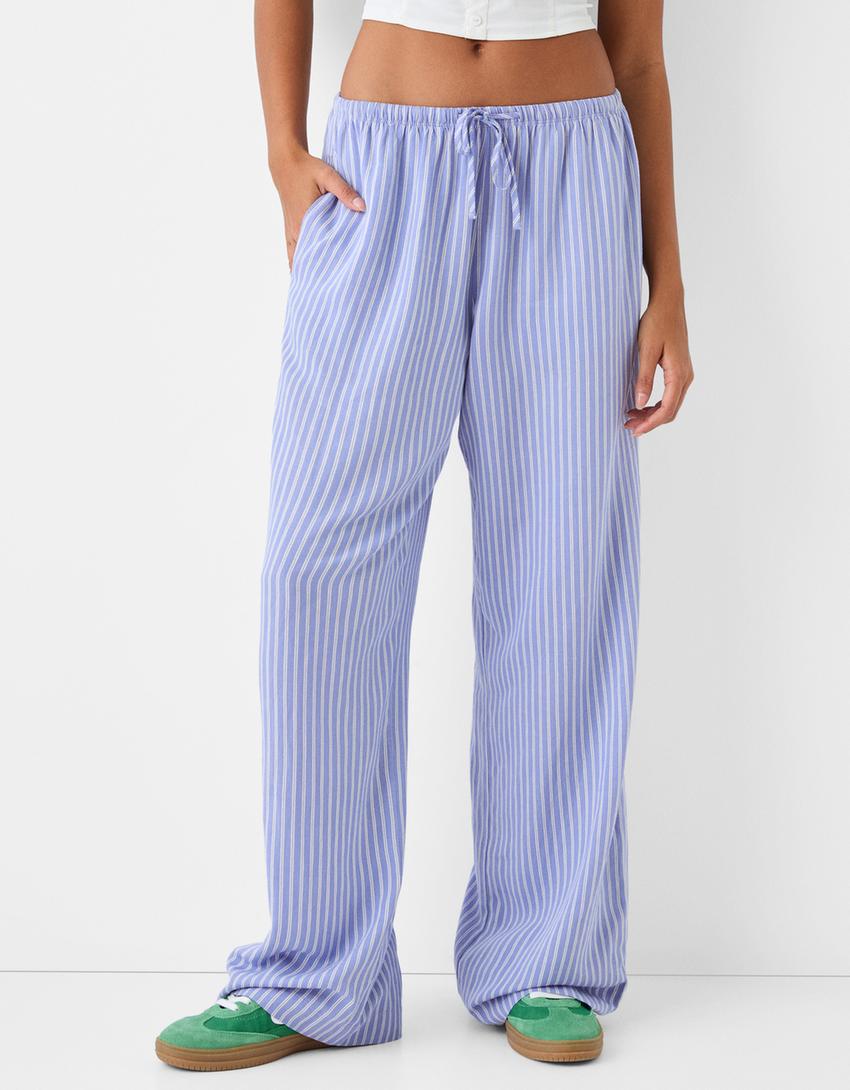 سروال مخطط بقصة مستقيمة وشريط خصر مرن-أزرق-1