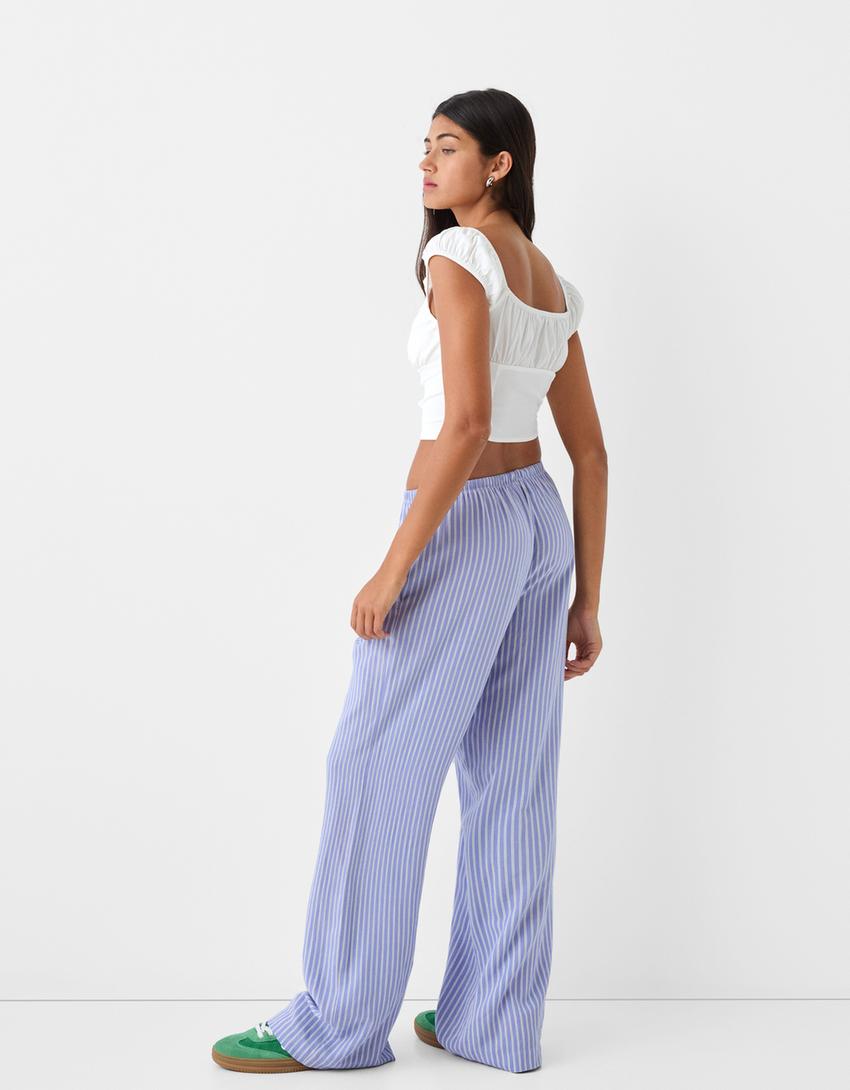 Pantaloni straight a righe con vita elasticizzata-Azzurro-2