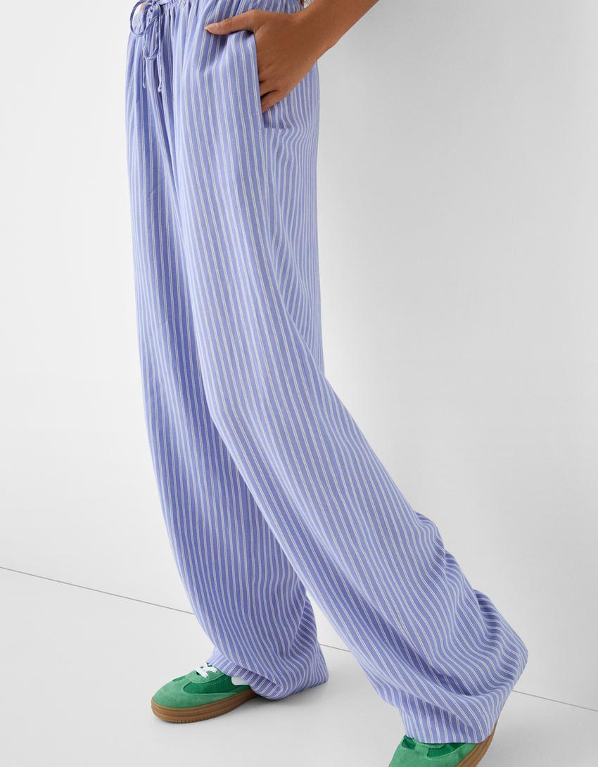 Pantaloni straight a righe con vita elasticizzata-Azzurro-3