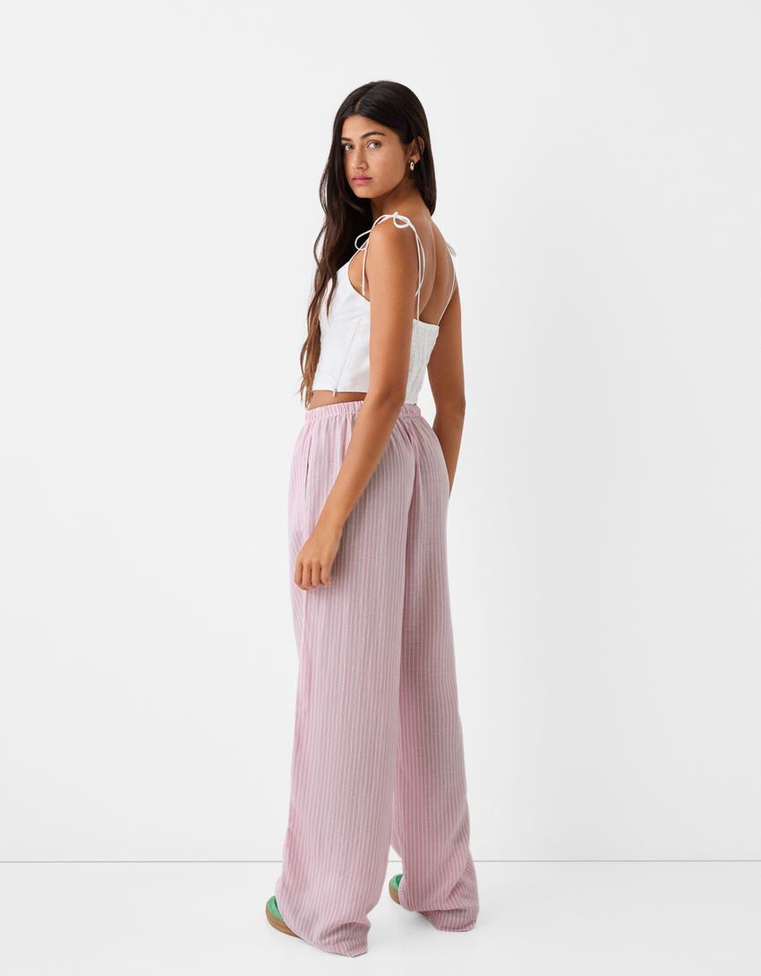 Pantaloni straight a righe con vita elasticizzata-Rosa-2