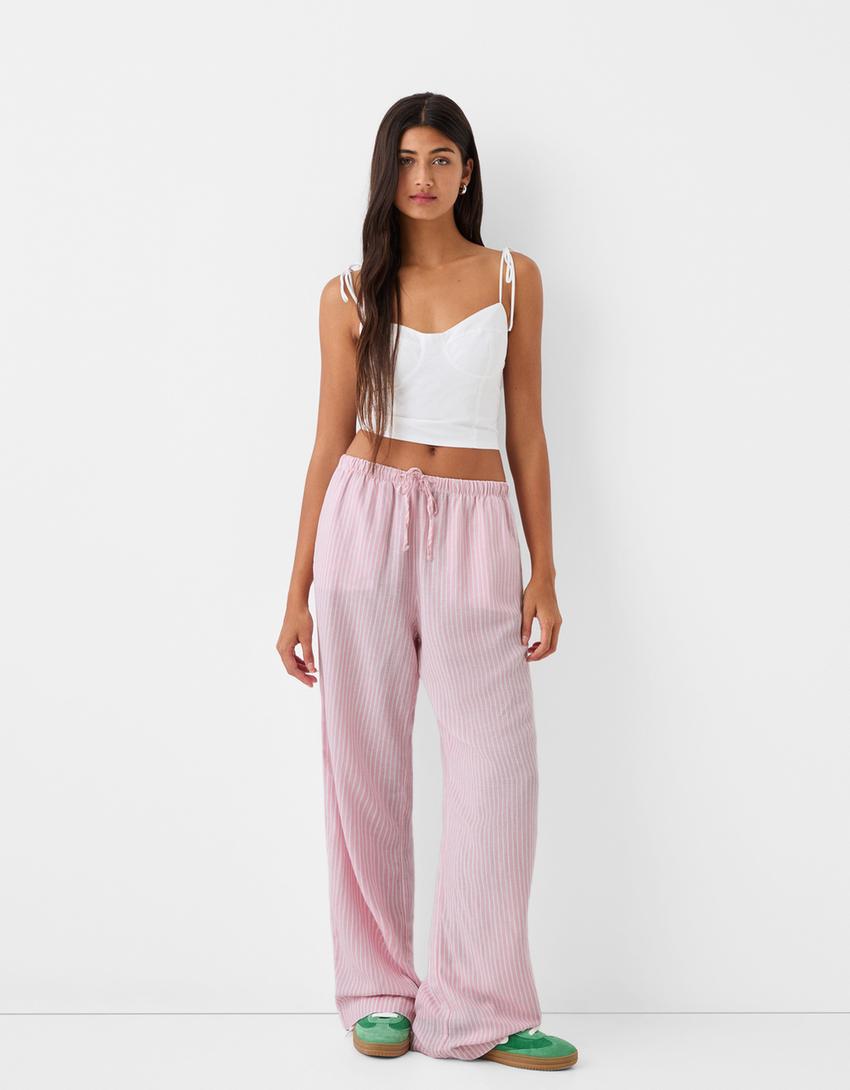 Pantaloni straight a righe con vita elasticizzata-Rosa-0