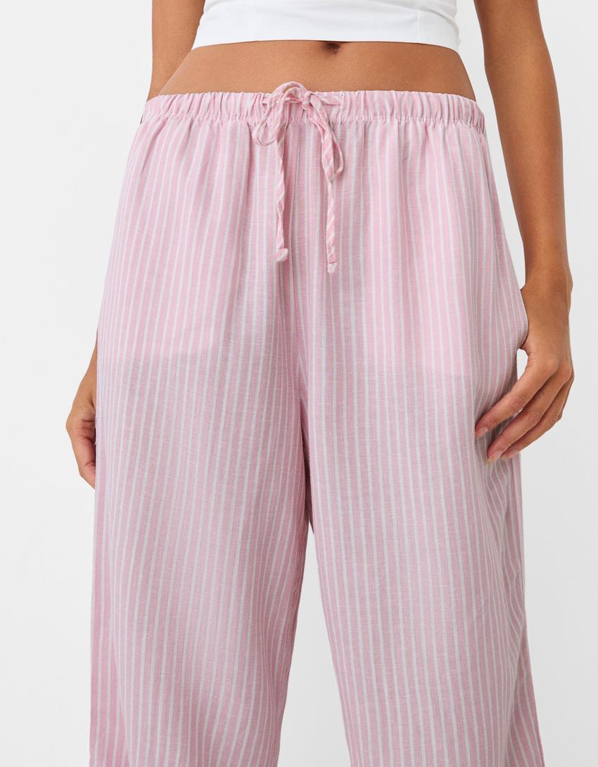 Pantaloni straight a righe con vita elasticizzata-Rosa-3