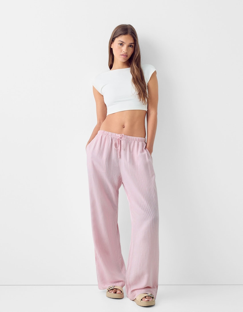 Pantalon straight lin mélangé taille élastique - Pantalons - BSK Teen
