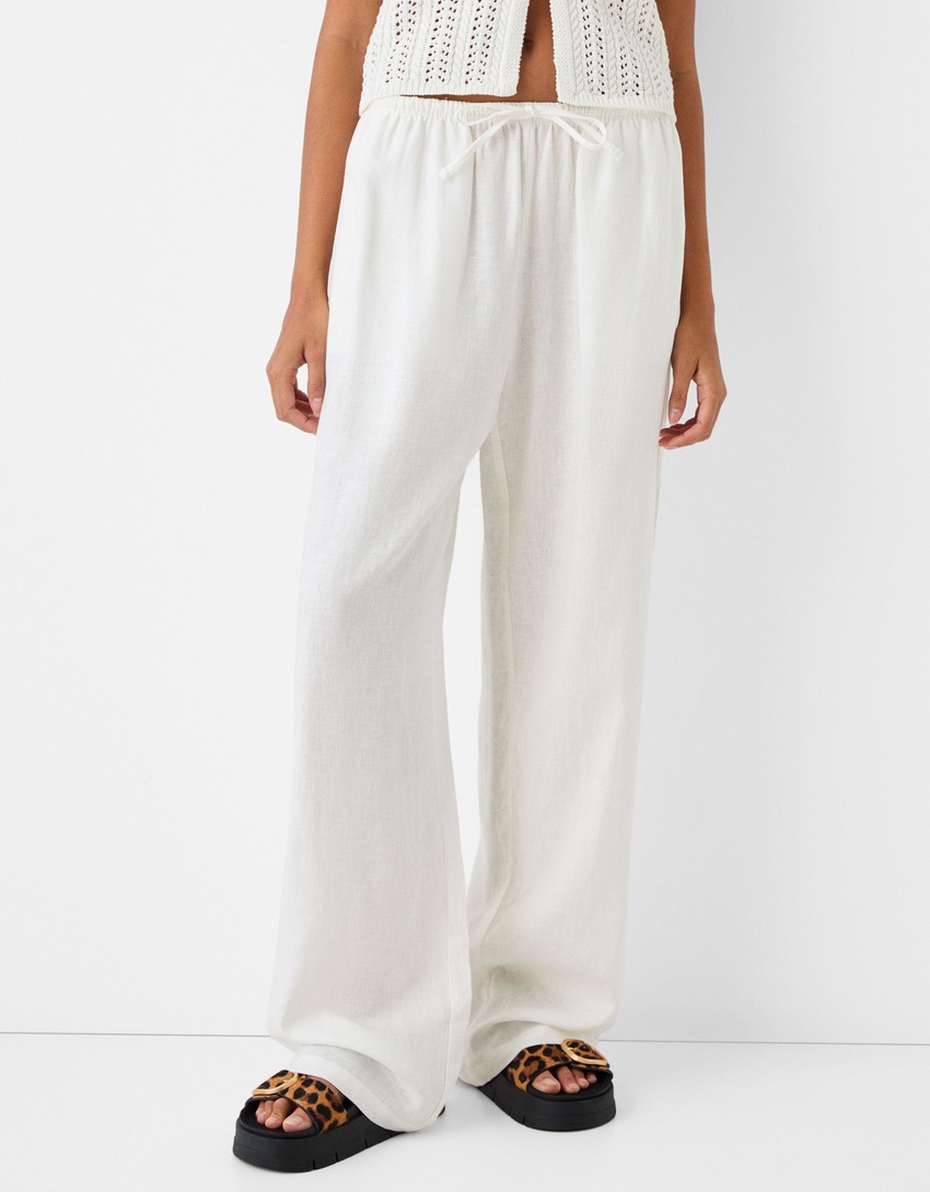 Straight broek met linnen en elastische taille-Gebroken Wit-1