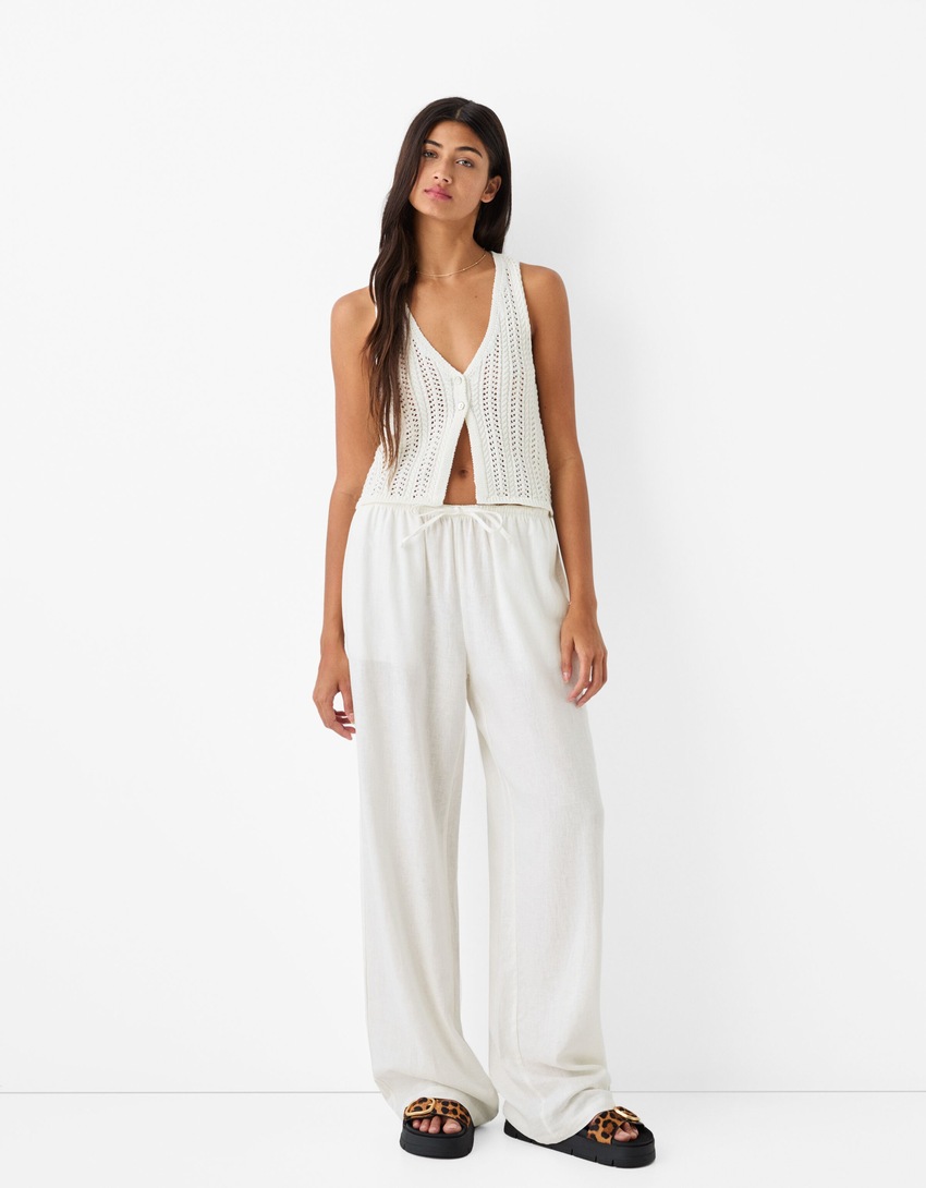 Straight broek met linnen en elastische taille-Gebroken Wit-0