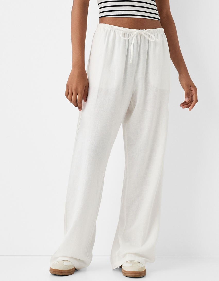 Pantalón straight con lino cintura goma-Blanco roto-1