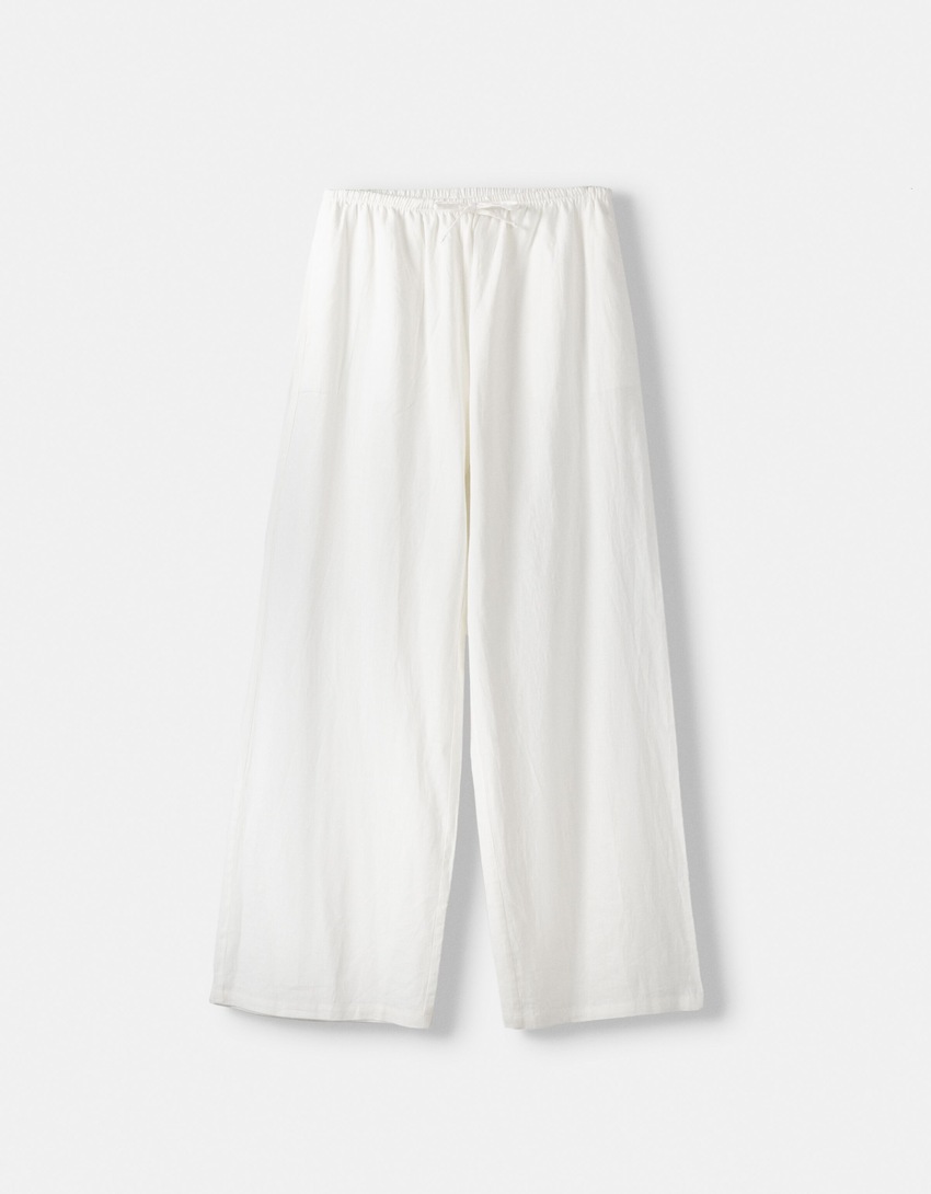 Pantalón straight con lino cintura goma-Blanco roto-4