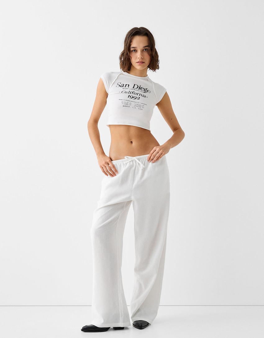Pantalon straight lin mélangé taille élastique - Femme