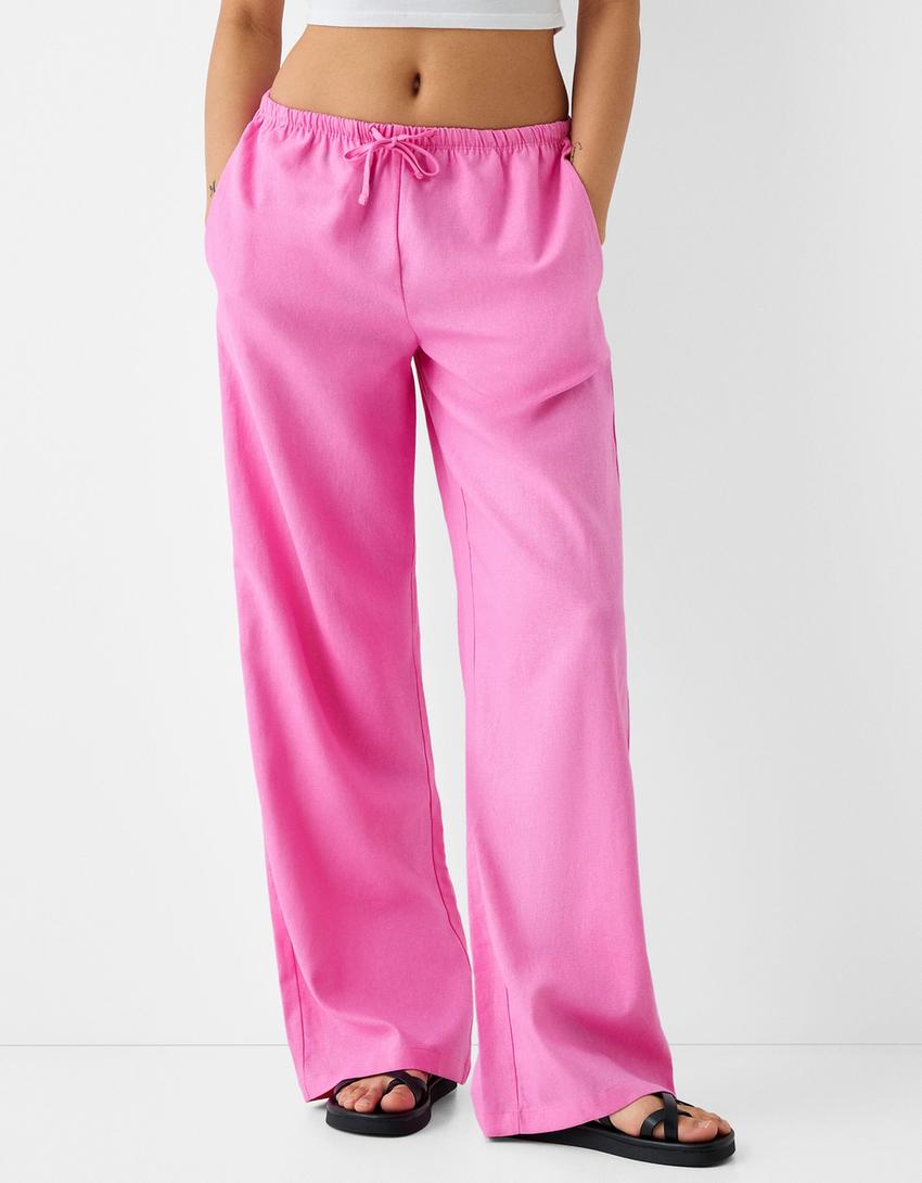 Straight-leg linen blend pants with an elastic waist-Pink-1