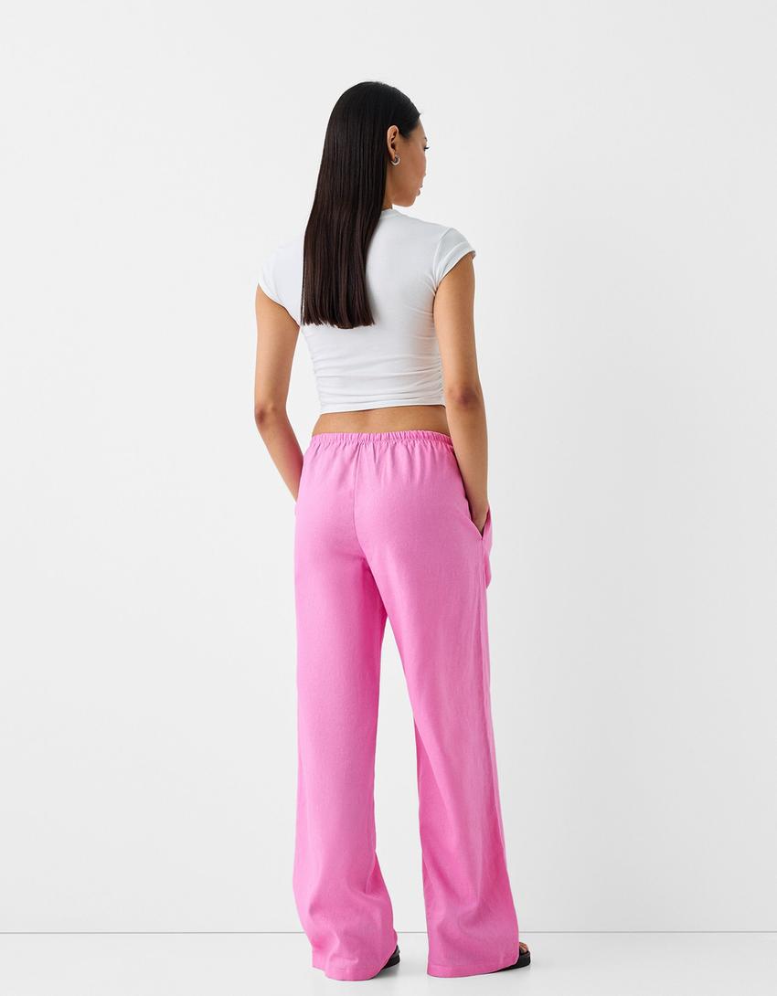 Straight-leg linen blend pants with an elastic waist-Pink-2