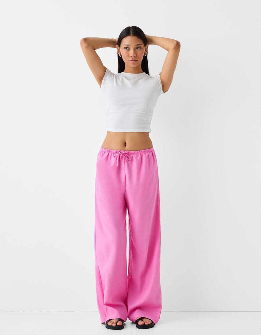 Straight-leg linen blend pants with an elastic waist-Pink-0