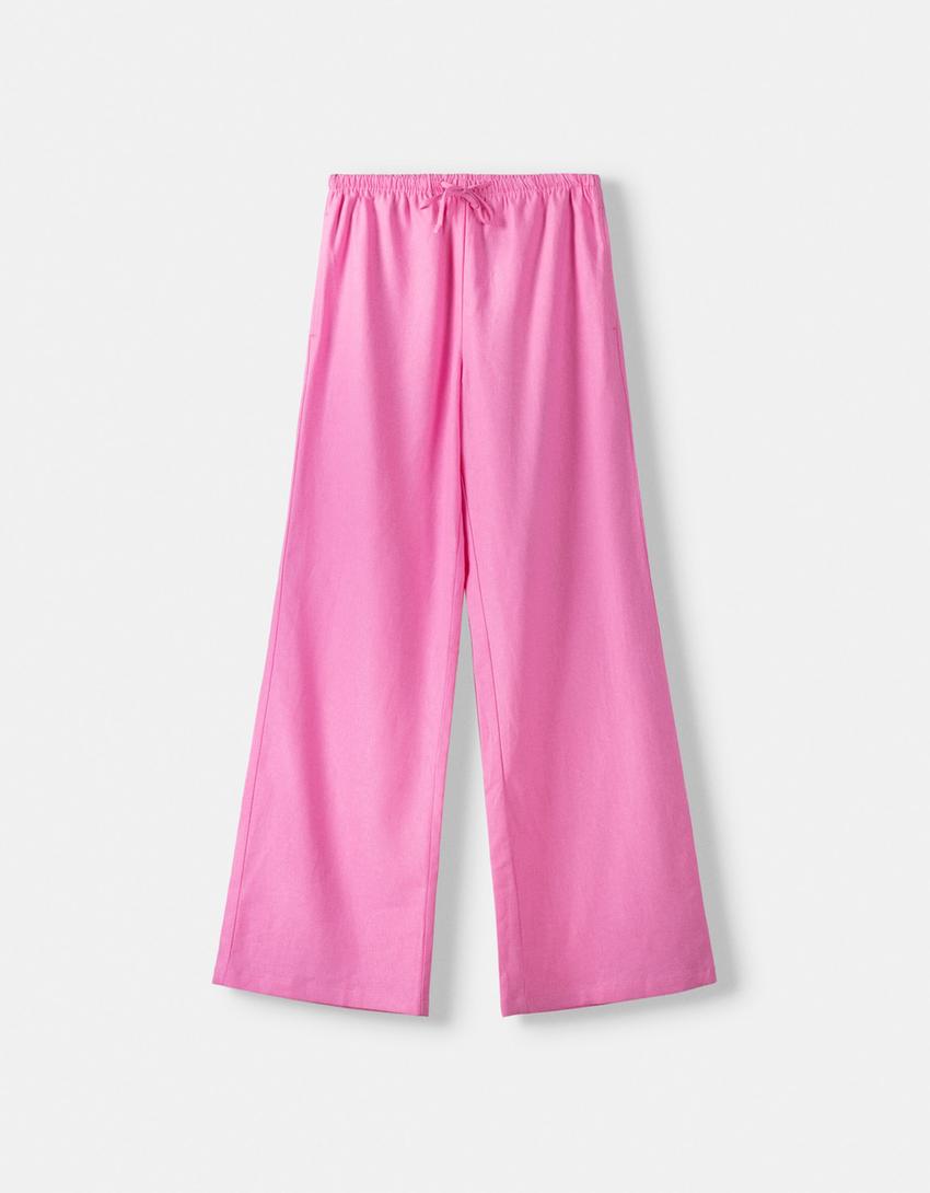 Straight-leg linen blend pants with an elastic waist-Pink-4