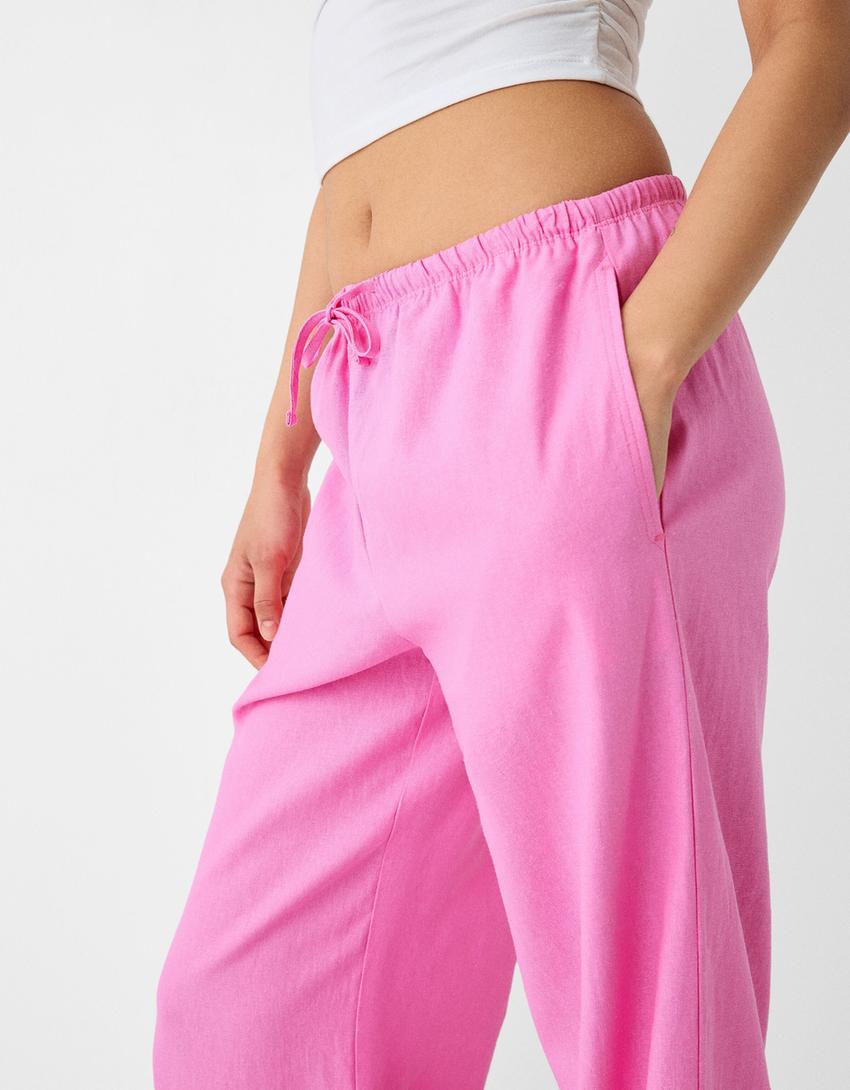 Straight-leg linen blend pants with an elastic waist-Pink-5
