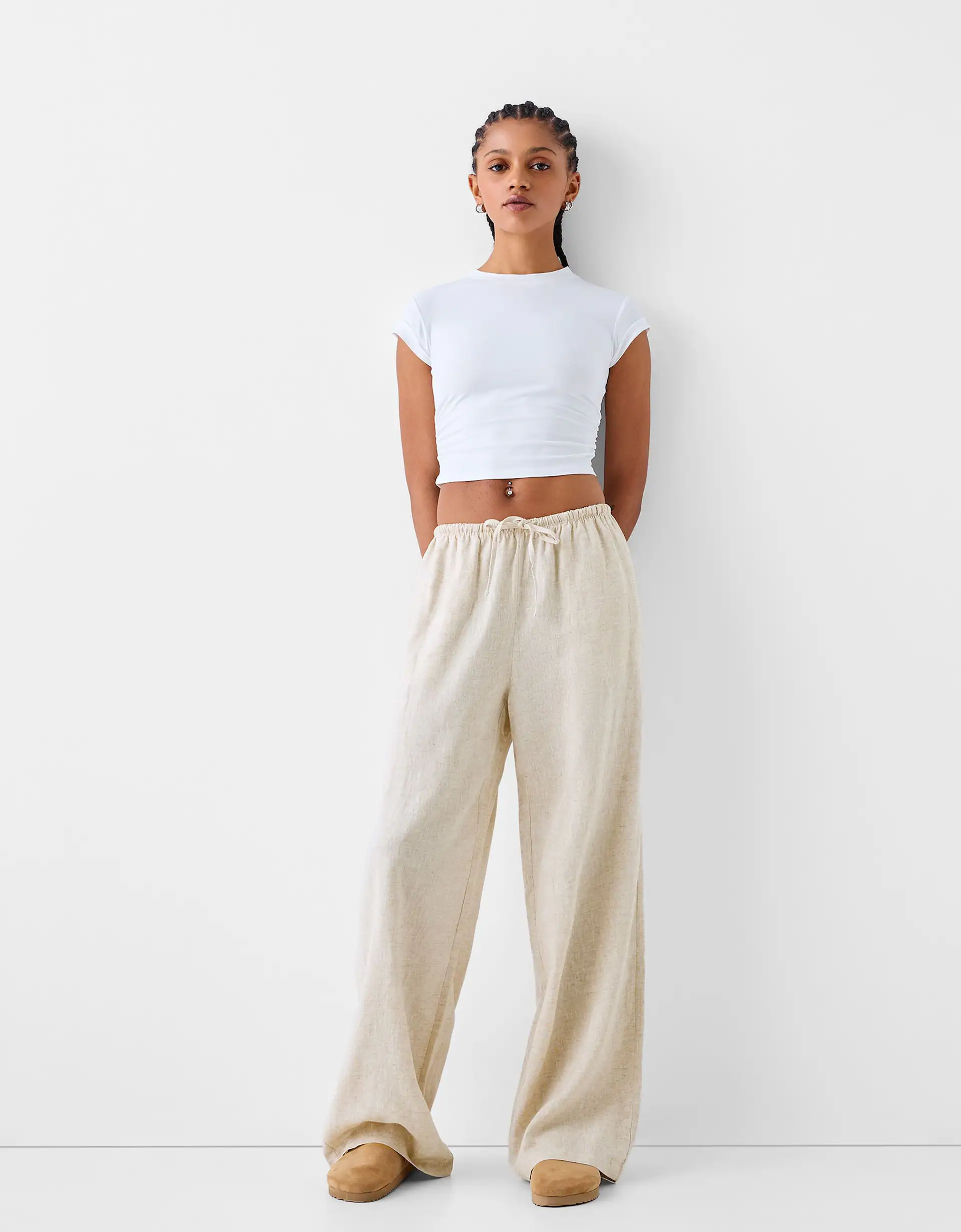 Larissa Trousers - Linen Look Mid Waisted Relaxed Straight Leg Trousers in  Oatmeal